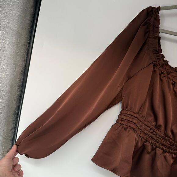 Eloquii Sateen Long Sleeve Peplum Hem Crop Top Women's Plus Size 14 Brown Y2K - Picture 4 of 8